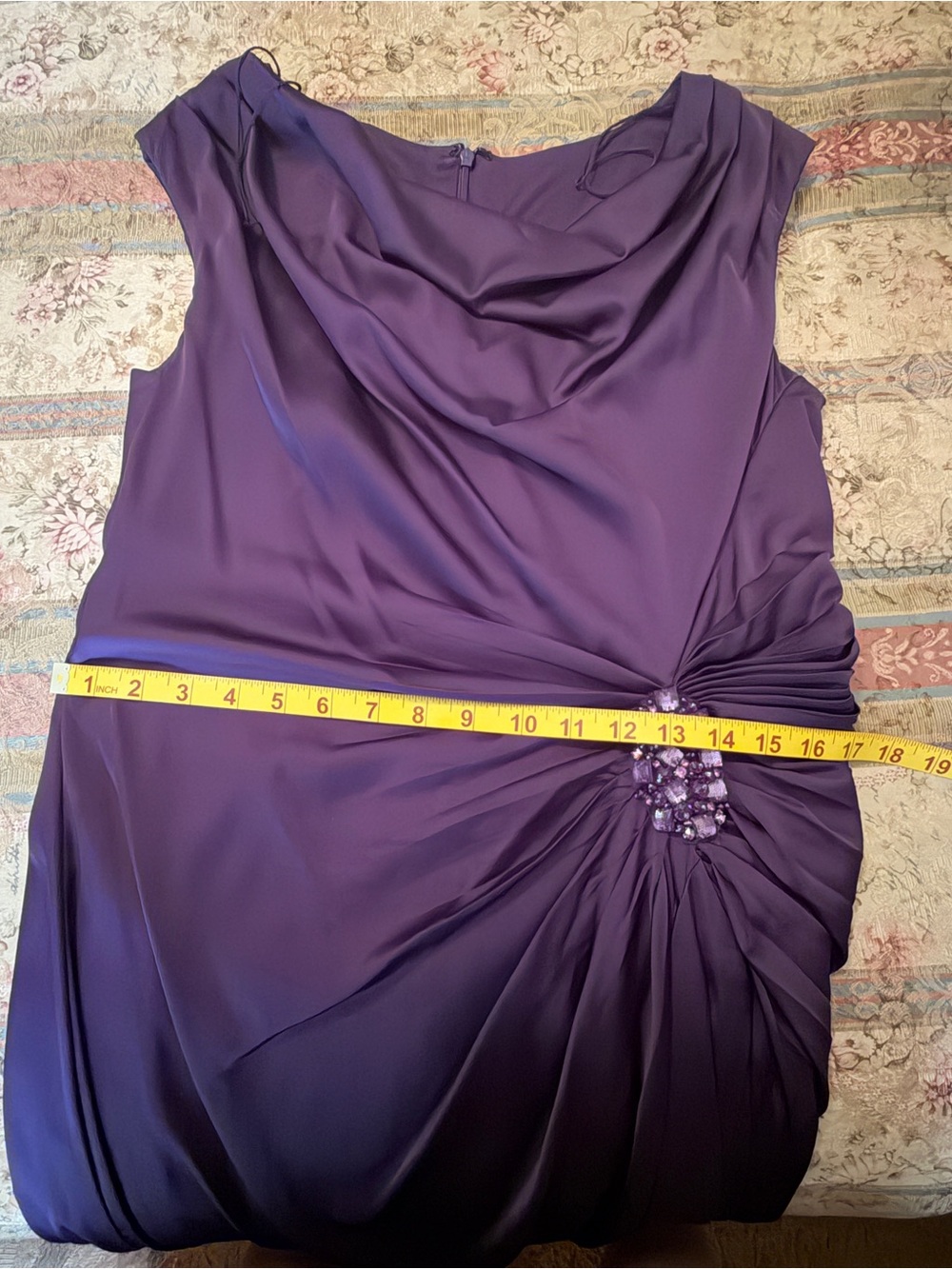 Patra Purple Matte Satin Cowl Neck Beaded Ruched Evening Gown Size 14 - Picture 10 of 16